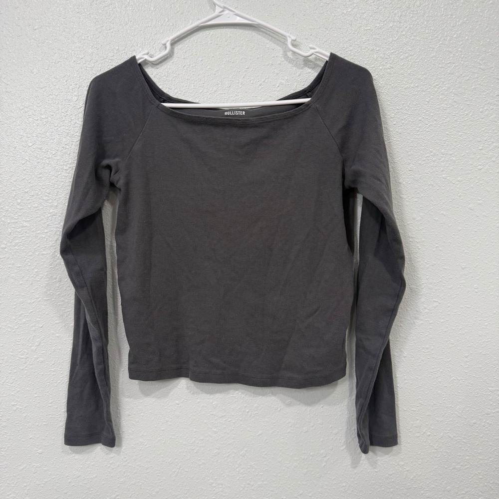 Hollister Womens Ribbed Boat Neck Long Sleeve Raglan Top Charcoal Gray Size M